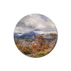 Forest And Snowy Mountains, Patagonia, Argentina Rubber Coaster (round)  by dflcprints