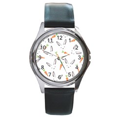 Rabbit Carrot Pattern Weft Step Face Round Metal Watch by Mariart