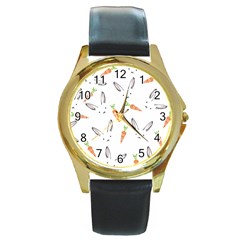 Rabbit Carrot Pattern Weft Step Face Round Gold Metal Watch by Mariart