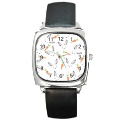 Rabbit Carrot Pattern Weft Step Face Square Metal Watch by Mariart