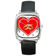 Heart Flowers Ring Square Metal Watch by Nexatart