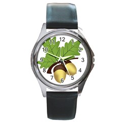 Acorn Hazelnuts Nature Forest Round Metal Watch by Nexatart