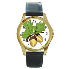 Acorn Hazelnuts Nature Forest Round Gold Metal Watch by Nexatart