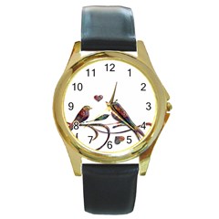 Birds Abstract Exotic Colorful Round Gold Metal Watch by Nexatart