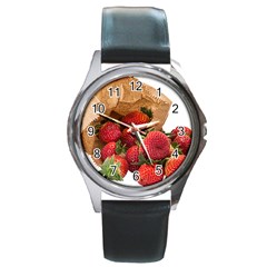 Strawberries Fruit Food Delicious Round Metal Watch by Nexatart