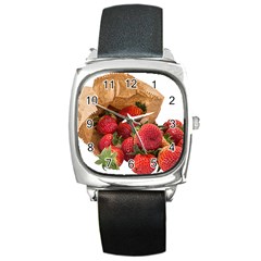 Strawberries Fruit Food Delicious Square Metal Watch by Nexatart