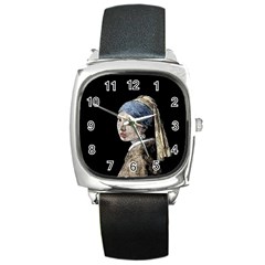 The Girl With The Pearl Earring Square Metal Watch by Valentinaart