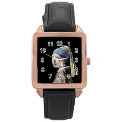 The Girl With The Pearl Earring Rose Gold Leather Watch  by Valentinaart