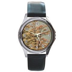 Landscape Scene Colored Trees At Glacier Lake  Patagonia Argentina Round Metal Watch by dflcprints