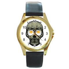 Skull With Fried Egg Eyes Round Gold Metal Watch by dflcprints