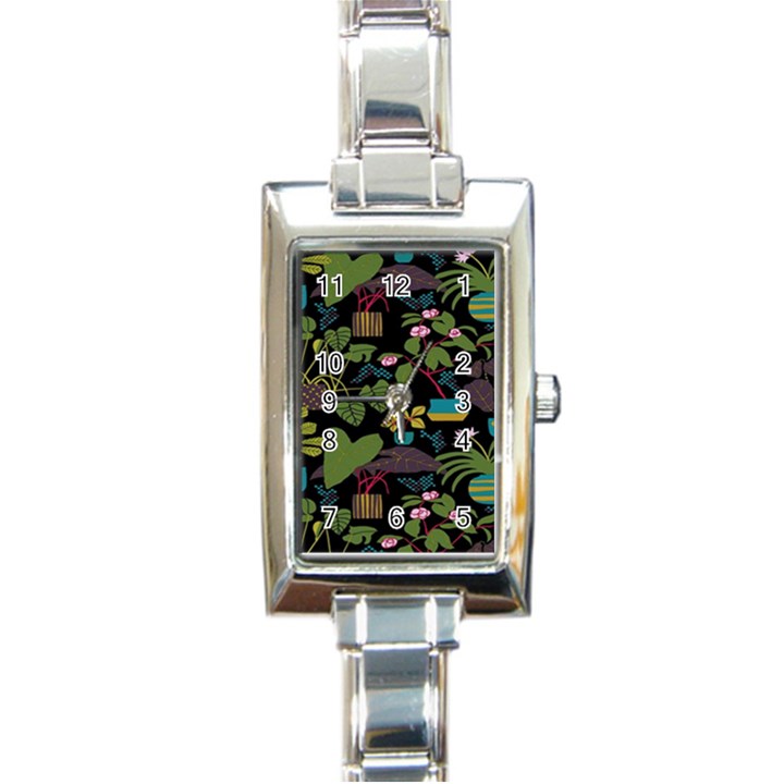 Wreaths Flower Floral Leaf Rose Sunflower Green Yellow Black Rectangle Italian Charm Watch