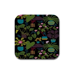 Wreaths Flower Floral Leaf Rose Sunflower Green Yellow Black Rubber Square Coaster (4 Pack) 