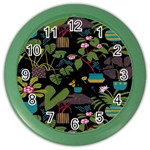 Wreaths Flower Floral Leaf Rose Sunflower Green Yellow Black Color Wall Clocks Front