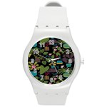 Wreaths Flower Floral Leaf Rose Sunflower Green Yellow Black Round Plastic Sport Watch (M) Front