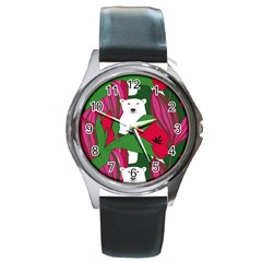 Animals White Bear Flower Floral Red Green Round Metal Watch by Mariart