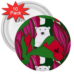 Animals White Bear Flower Floral Red Green 3  Buttons (10 Pack) 