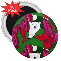 Animals White Bear Flower Floral Red Green 3  Magnets (10 Pack) 