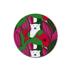 Animals White Bear Flower Floral Red Green Rubber Round Coaster (4 Pack) 