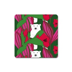 Animals White Bear Flower Floral Red Green Square Magnet by Mariart