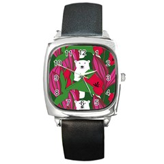 Animals White Bear Flower Floral Red Green Square Metal Watch by Mariart