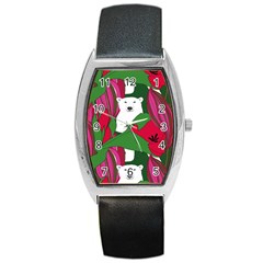 Animals White Bear Flower Floral Red Green Barrel Style Metal Watch by Mariart