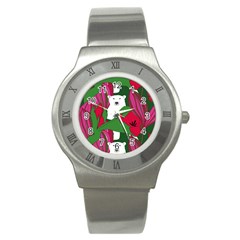 Animals White Bear Flower Floral Red Green Stainless Steel Watch by Mariart