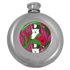 Animals White Bear Flower Floral Red Green Round Hip Flask (5 Oz) by Mariart