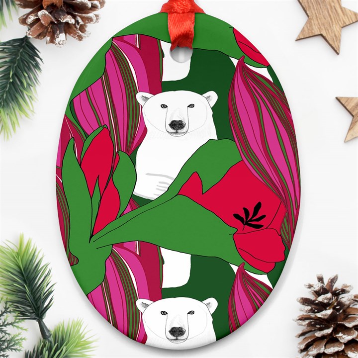 Animals White Bear Flower Floral Red Green Oval Ornament (Two Sides)