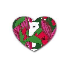 Animals White Bear Flower Floral Red Green Rubber Coaster (heart)  by Mariart