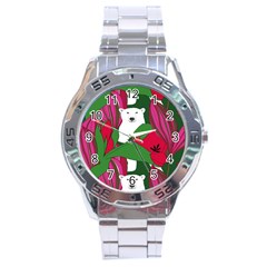 Animals White Bear Flower Floral Red Green Stainless Steel Analogue Watch by Mariart