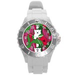 Animals White Bear Flower Floral Red Green Round Plastic Sport Watch (L) Front