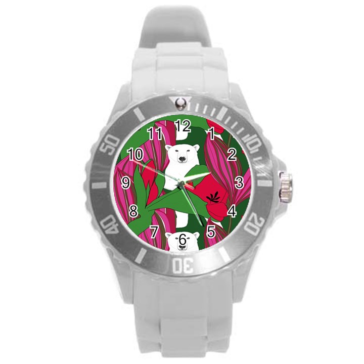 Animals White Bear Flower Floral Red Green Round Plastic Sport Watch (L)