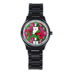 Animals White Bear Flower Floral Red Green Stainless Steel Round Watch by Mariart