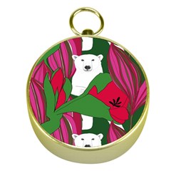 Animals White Bear Flower Floral Red Green Gold Compasses by Mariart