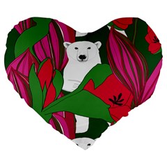 Animals White Bear Flower Floral Red Green Large 19  Premium Flano Heart Shape Cushions