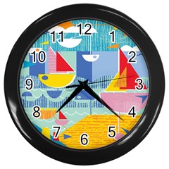 Boats Ship Sea Beach Wall Clocks (black) by Mariart