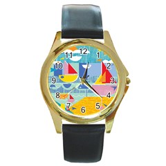 Boats Ship Sea Beach Round Gold Metal Watch