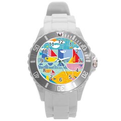 Boats Ship Sea Beach Round Plastic Sport Watch (l) by Mariart