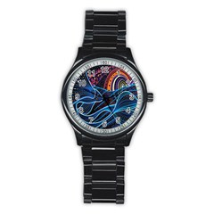 Fish Out Of Water Monster Space Rainbow Circle Polka Line Wave Chevron Star Stainless Steel Round Watch