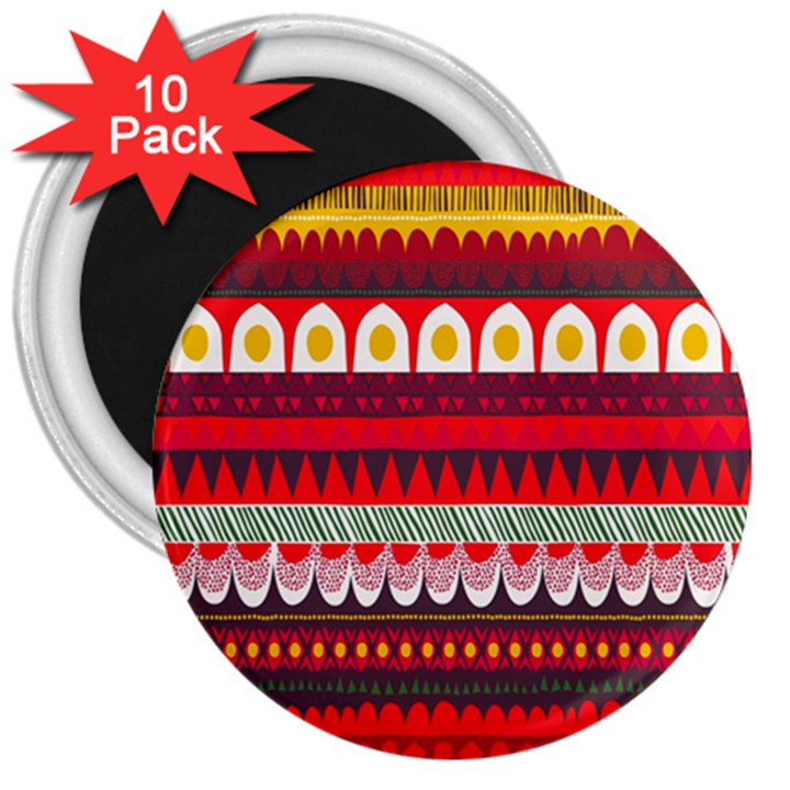 Fabric Aztec Red Line Polka Circle Wave Chevron Star 3  Magnets (10 pack) 