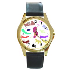 Plushie Color Rainbow Brown Purple Yellow Green Black Round Gold Metal Watch by Mariart