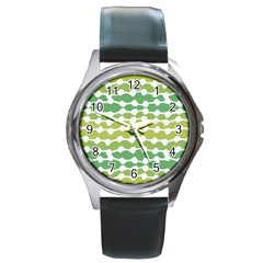 Polkadot Polka Circle Round Line Wave Chevron Waves Green White Round Metal Watch by Mariart