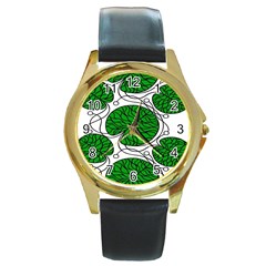 Leaf Green Round Gold Metal Watch