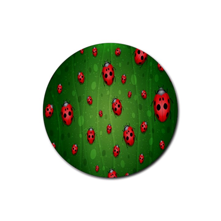 Ladybugs Red Leaf Green Polka Animals Insect Rubber Round Coaster (4 pack) 