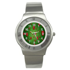 Ladybugs Red Leaf Green Polka Animals Insect Stainless Steel Watch