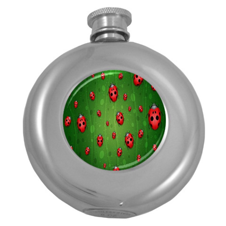 Ladybugs Red Leaf Green Polka Animals Insect Round Hip Flask (5 oz)