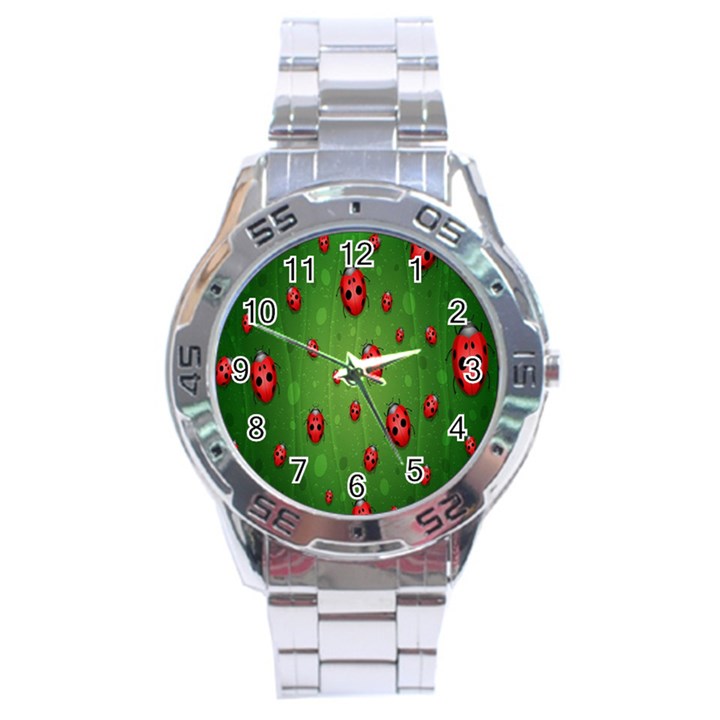 Ladybugs Red Leaf Green Polka Animals Insect Stainless Steel Analogue Watch