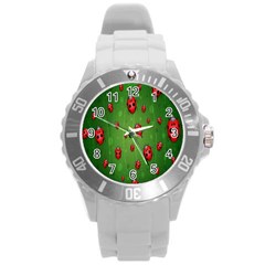 Ladybugs Red Leaf Green Polka Animals Insect Round Plastic Sport Watch (L)