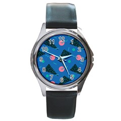 Seamless Triangle Circle Blue Waves Pink Round Metal Watch by Mariart