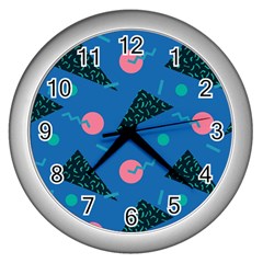 Seamless Triangle Circle Blue Waves Pink Wall Clocks (silver) 